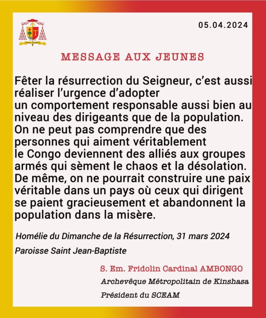 "On ne peut pas comprendre que des personnes qui aiment véritablement le Congo deviennent des alliés aux groupes armés qui sèment le chaos et la désolation." (Fridolin Ambongo)