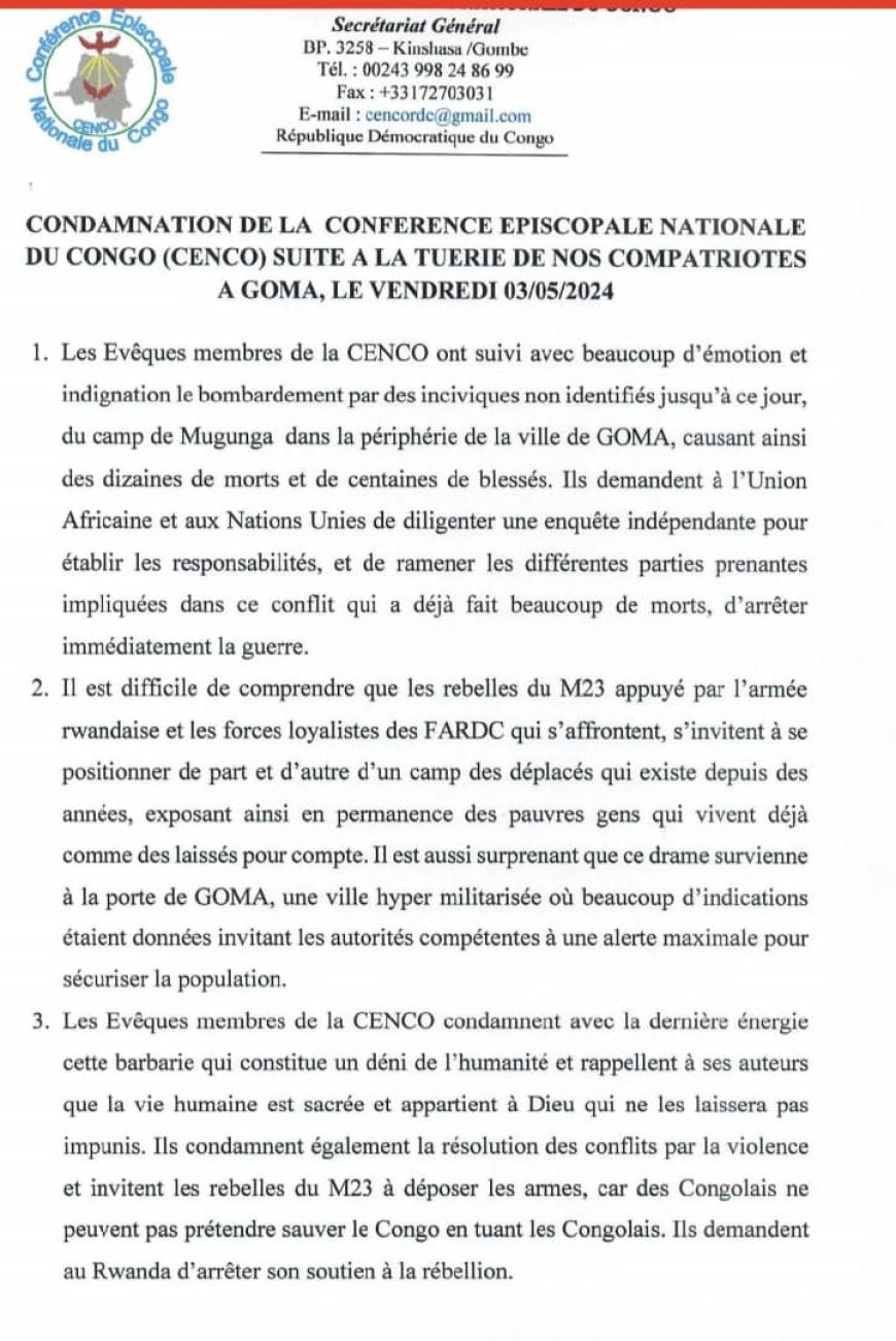 Bombardement du camp des déplacés à Goma : les évêques catholiques condamnent cet acte