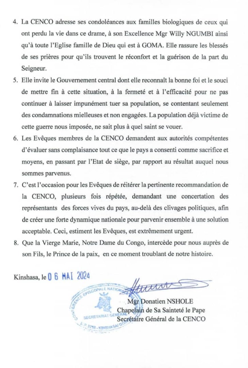 Bombardement du camp des déplacés à Goma : les évêques catholiques condamnent cet acte