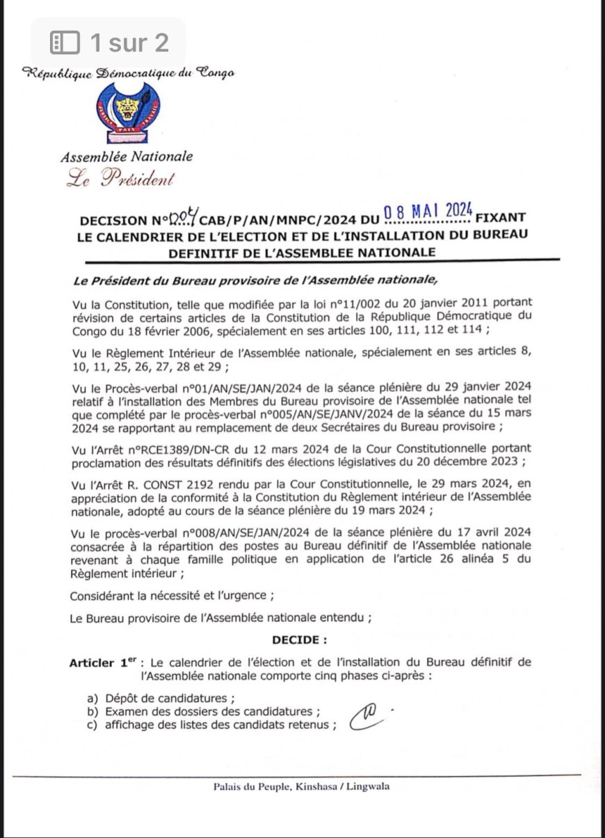 RDC : les élections du bureau définitif de l'assemblée Nationale prévu le samedi 18 mai