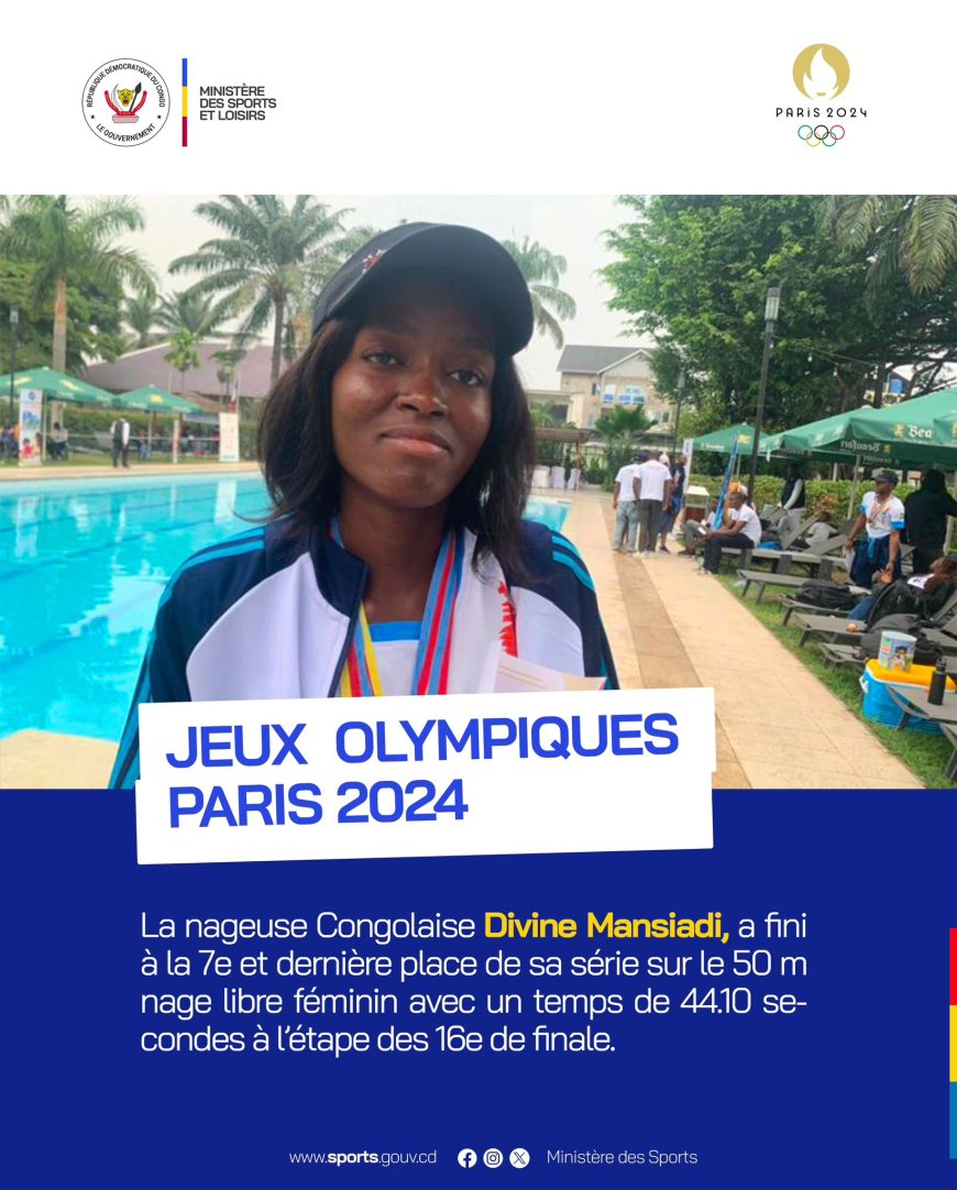 Jeux Olympiques Paris 2024 : Divine Mansiadi se classe 7e de sa série au 50 m de nage libre